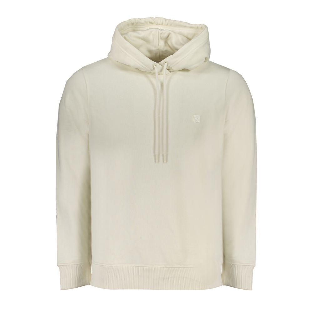 Calvin Klein White Cotton Men Sweater with hood, showcasing sleek design and logo, crafted with 50% regenerative materials for sustainability.