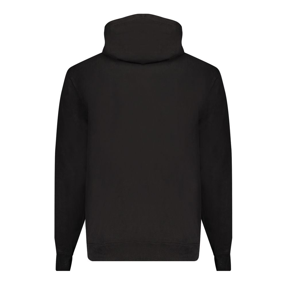 Rear view of Calvin Klein Black Cotton Men Sweater with hood, showcasing sleek design and eco-friendly cotton fabric.