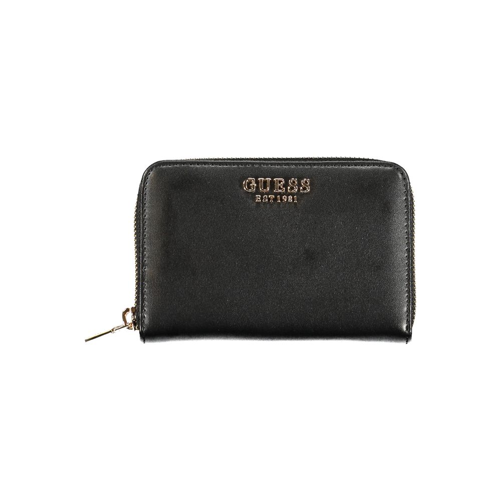 Alt Tag: Front view of Guess Jeans Black Polyethylene Wallet with zip closure, card spaces, and coin purse.