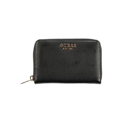 Alt Tag: Front view of Guess Jeans Black Polyethylene Wallet with zip closure, card spaces, and coin purse.
