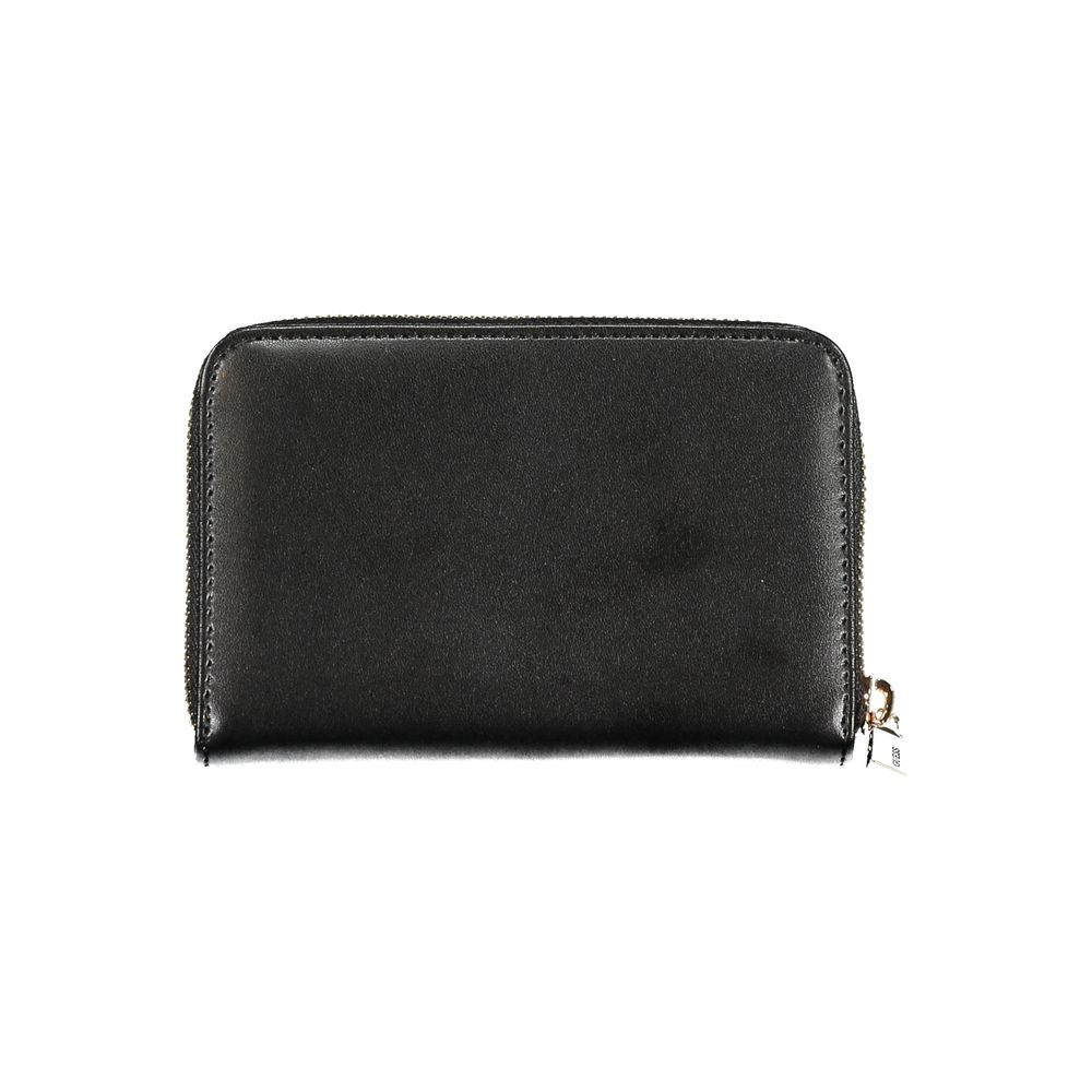 Guess Jeans Black Polyethylene Wallet with multiple compartments, card spaces, zip closure, and logo.