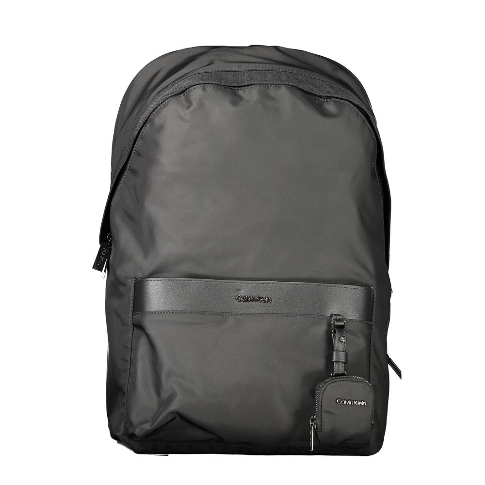 Calvin Klein Black Polyester Backpack with pockets, adjustable straps, laptop space, logo, and recycled material.