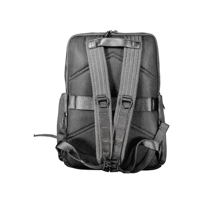 Back view of Calvin Klein Black Polyester Backpack with adjustable straps, contrasting details, and logo. Made from 95% recycled polyester.