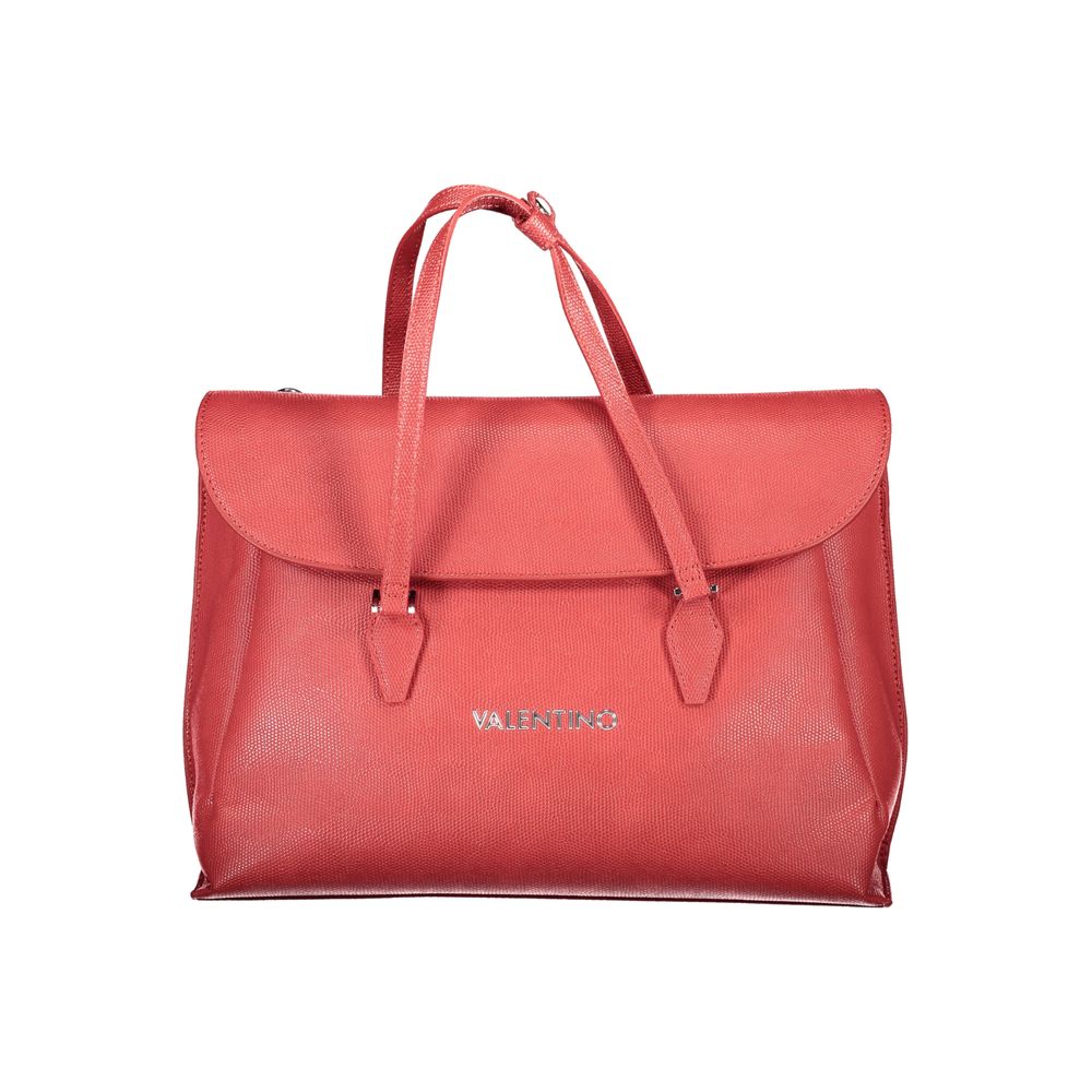 Alt Tag: Mario Valentino Red Polyethylene Handbag with handles and adjustable removable strap, external pocket, laptop compartment, snap closure.