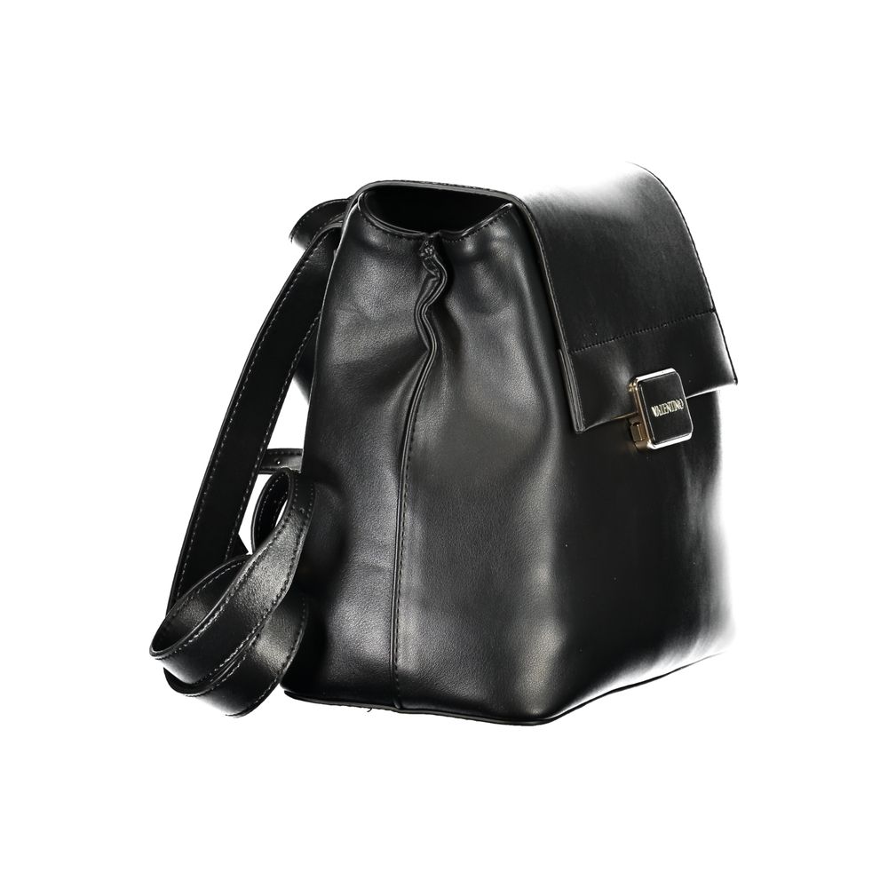 Mario Valentino Black Polyethylene Backpack with adjustable straps, external and internal pockets, and logo, side view.