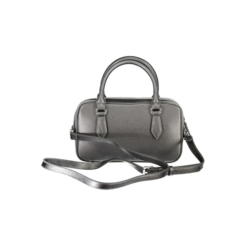 Mario Valentino Gray Polyethylene Handbag with zip closure, two handles, adjustable strap, and internal pockets.