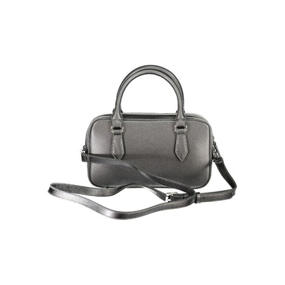 Mario Valentino Gray Polyethylene Handbag with zip closure, two handles, adjustable strap, and internal pockets.