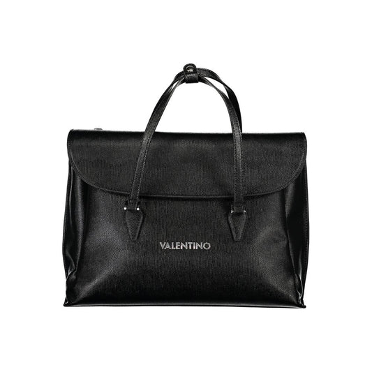 Mario Valentino Black Polyethylene Handbag with adjustable strap, external pocket, laptop and phone holders, and snap closure.
