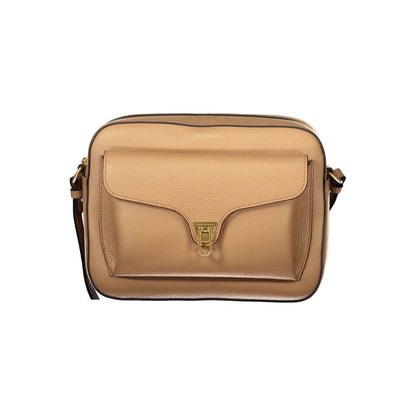 Alt Tag: Coccinelle Brown Leather Handbag with adjustable shoulder strap, external pocket, internal pocket, zip and rotary closure, logo.