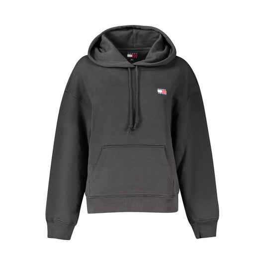 Tommy Hilfiger Black Cotton Women Sweater with logo embroidery and hood, featuring a central pocket for casual chic style.