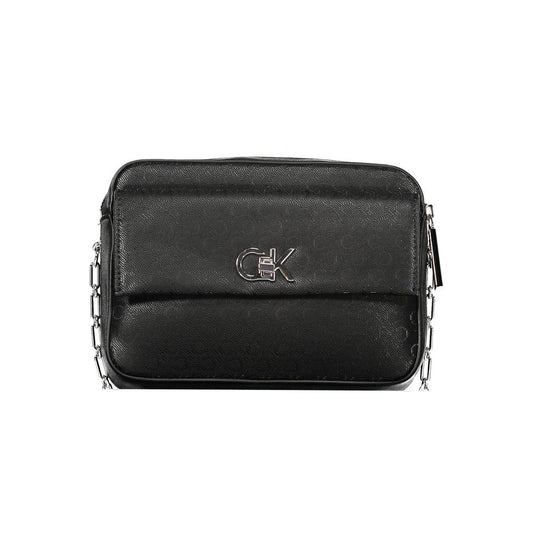 Calvin Klein Black Polyester Handbag with chain strap, featuring logo, zip and swivel closure.