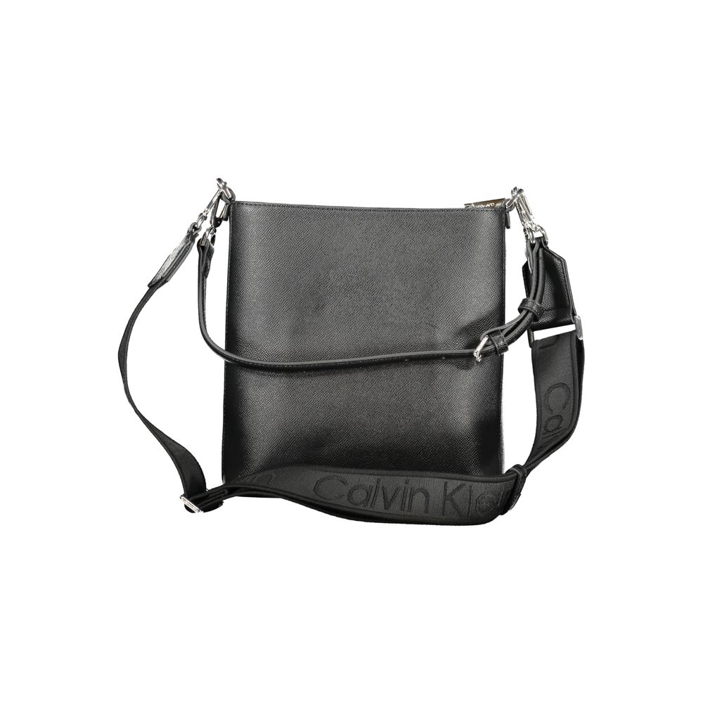 Calvin Klein Black Polyester Handbag with adjustable removable strap, internal pocket, and zip closure, made from recycled polyester.