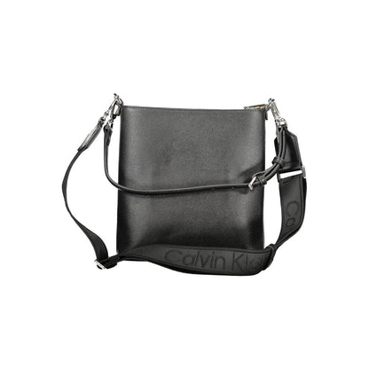 Calvin Klein Black Polyester Handbag with adjustable removable strap, internal pocket, and zip closure, made from recycled polyester.