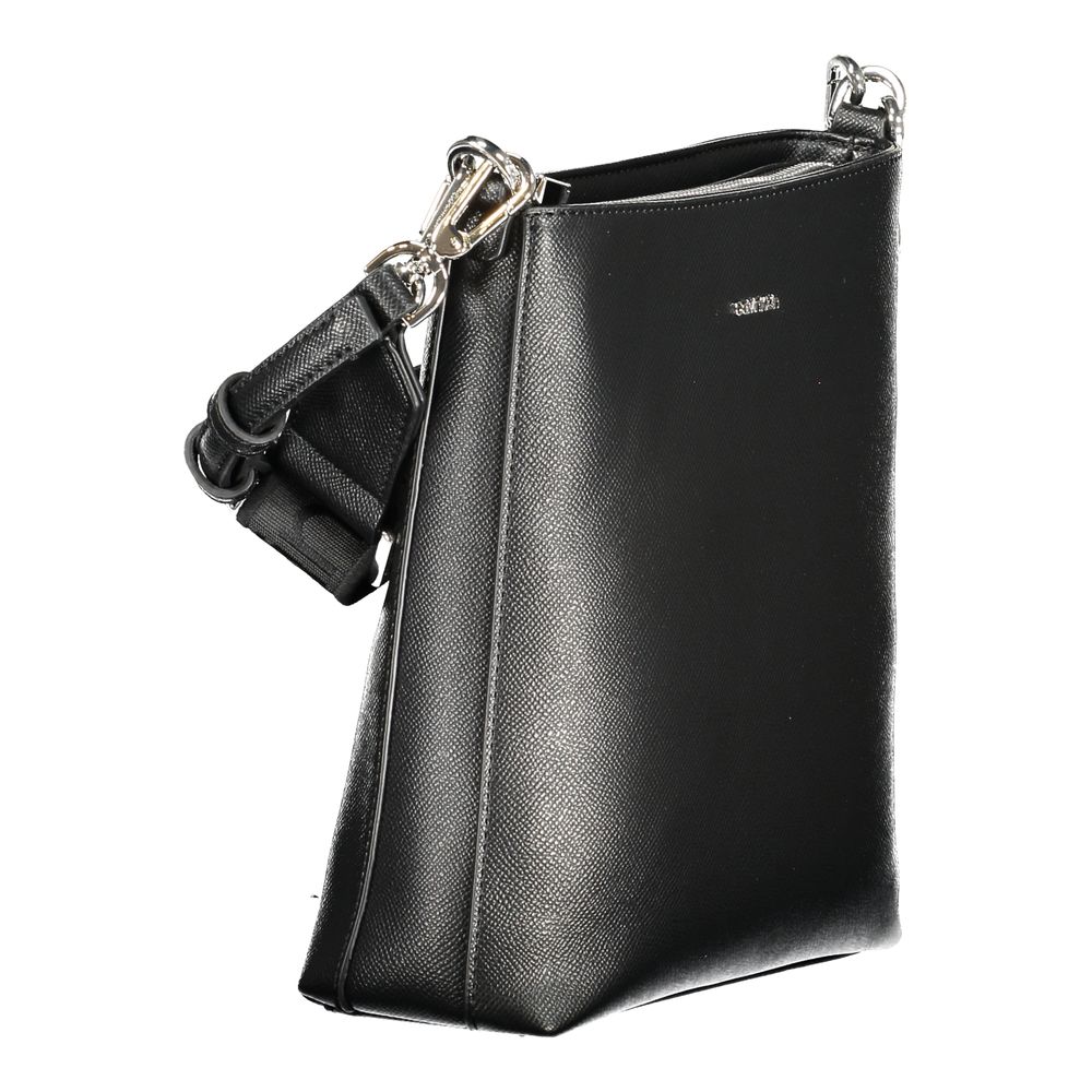 Calvin Klein Black Polyester Handbag with adjustable strap and zip closure, featuring internal pocket and logo made from recycled material.