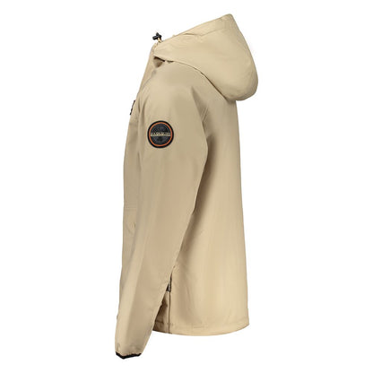 Side view of Napapijri Beige Recycled Polyester Men Jacket with hood and logo on sleeve.
