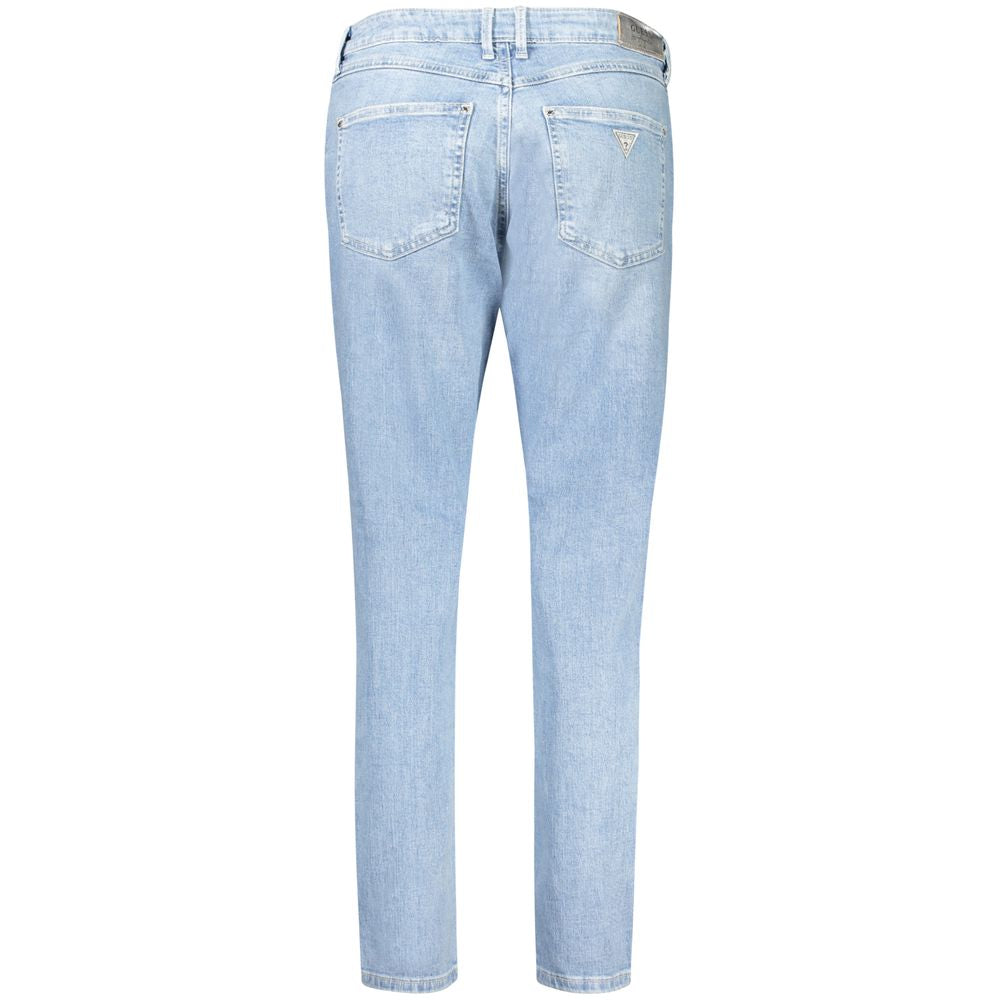 Back view of Guess Jeans Blue Cotton Women Jeans showcasing high-waisted fit, classic 5-pocket design, and logo in light blue denim.