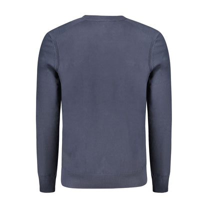 Back view of Hugo Boss Blue Cotton Sweater with long sleeves, V-neck, and logo embroidery.