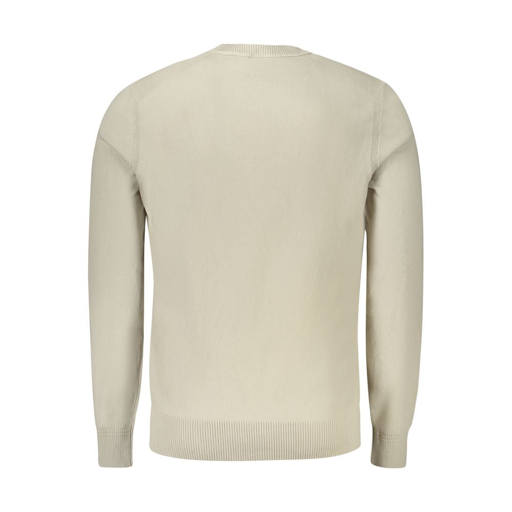 Back view of Hugo Boss Beige Cotton Sweater with crew neck and logo embroidery, featuring long sleeves.