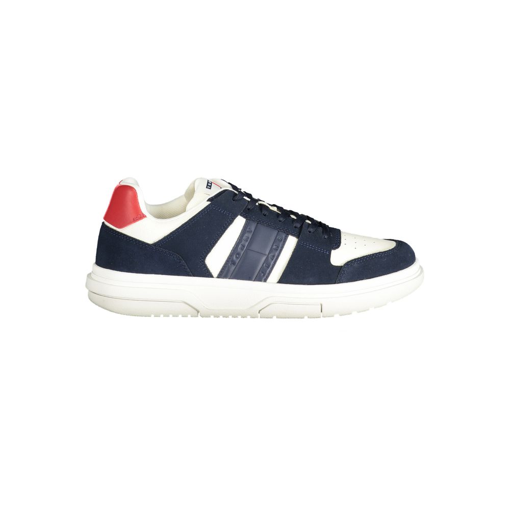 Tommy Hilfiger Blue Polyester Sneaker with white and red details, sports lace-up shoe, removable insole, and logo print.