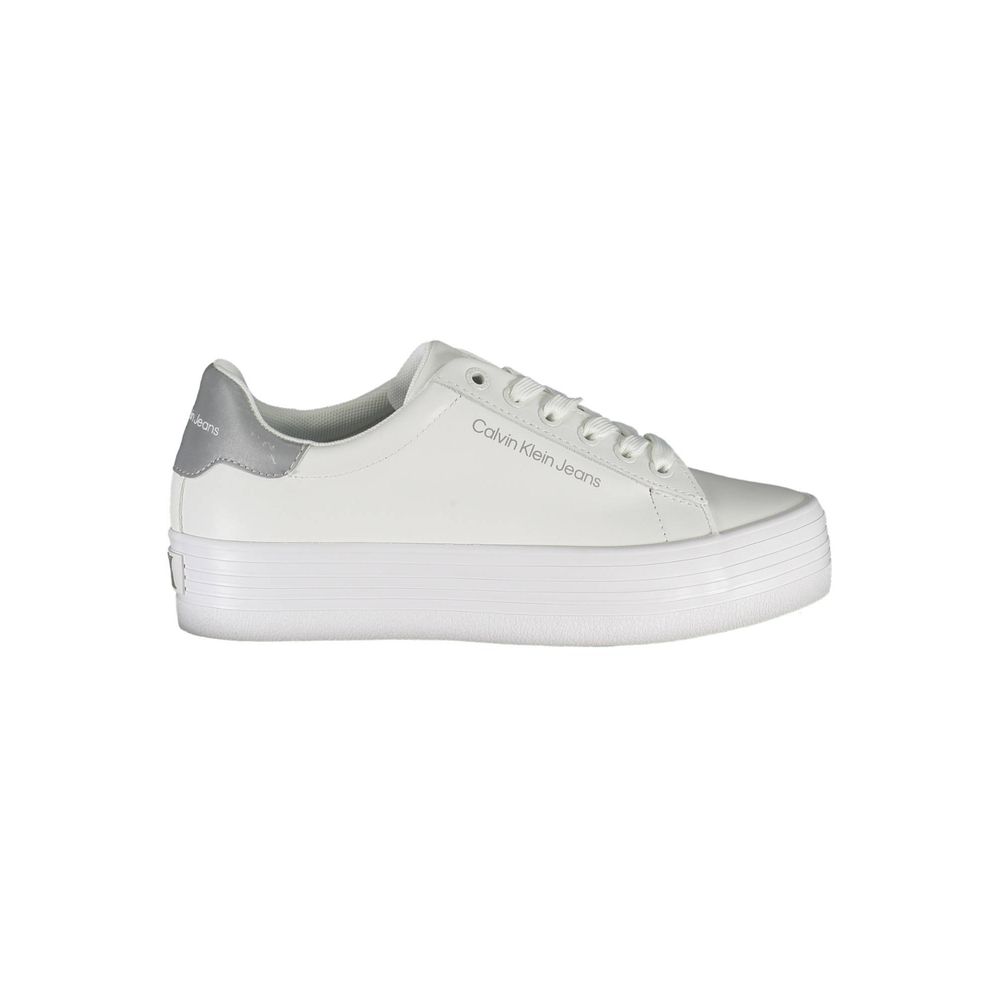 Calvin Klein White Polyester Sneaker with laces, contrasting details, and logo made from 100% recycled polyester sports shoe.