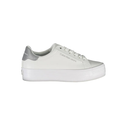 Calvin Klein White Polyester Sneaker with laces, contrasting details, and logo made from 100% recycled polyester sports shoe.