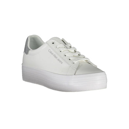 Calvin Klein White Polyester Sneaker with laces, logo, and contrasting details made from 100% recycled polyester material.