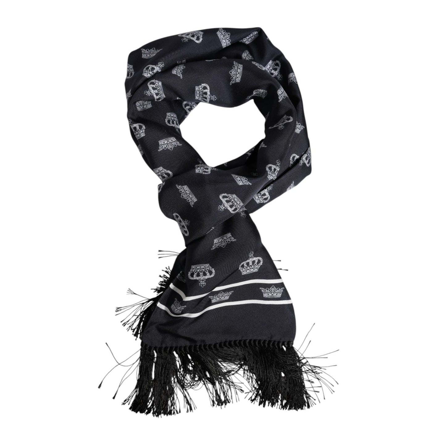 Dolce & Gabbana Black Silk Crown Fringes Men Foulard Scarf