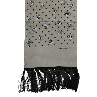 Dolce & Gabbana Gray Skulls Silk Fringes Men Foulard Scarf