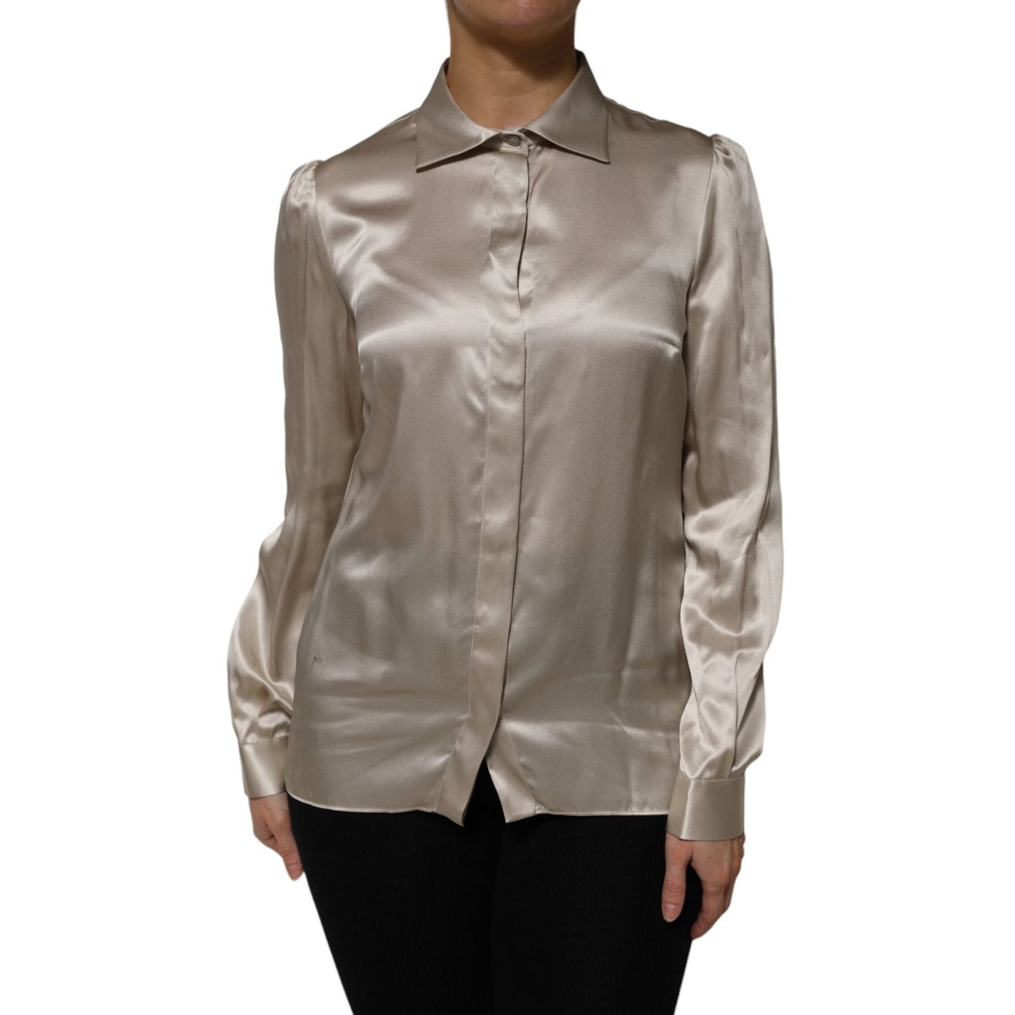 Dolce & Gabbana Beige Satin Silk Collared Long Sleeves Top TSH906735-42
