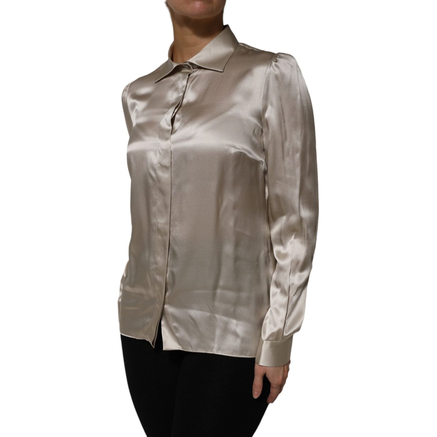 Dolce & Gabbana Beige Satin Silk Collared Long Sleeves Top TSH906735-42