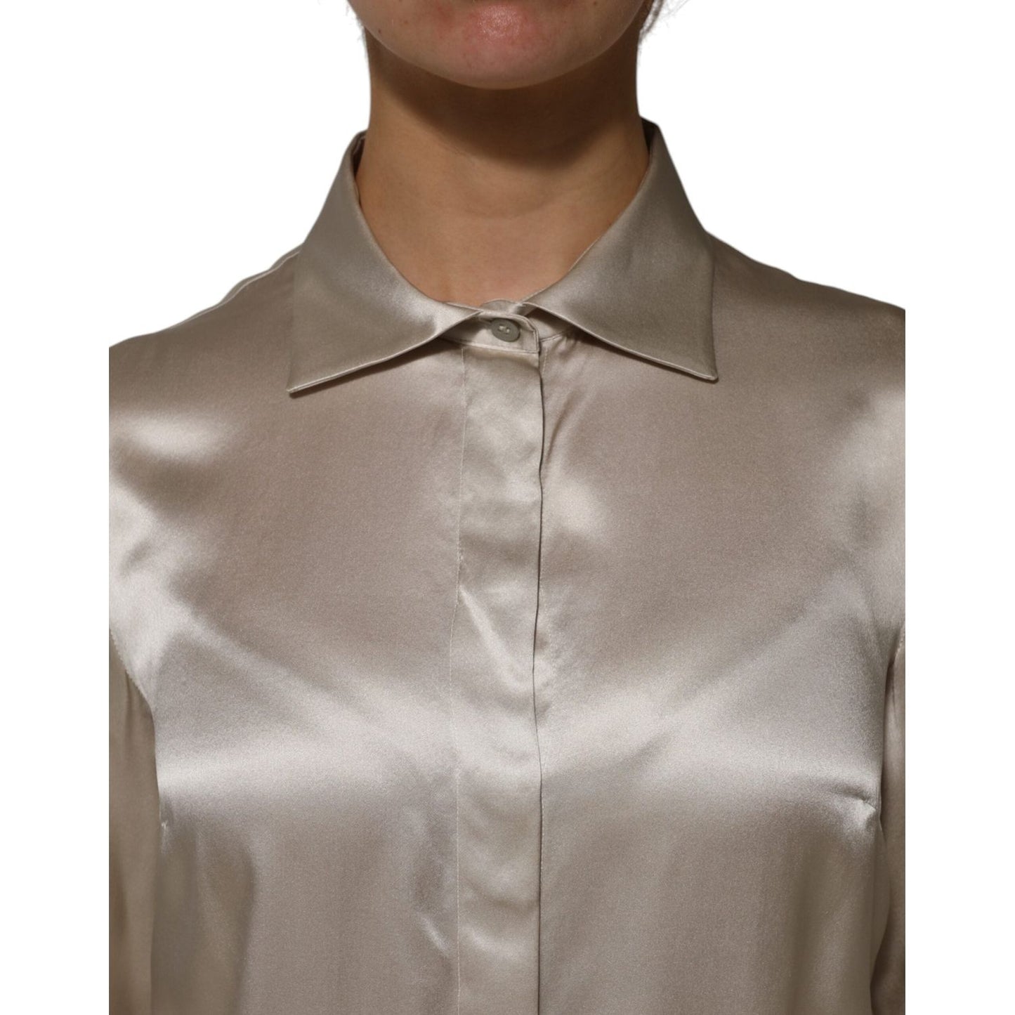 Dolce & Gabbana Beige Satin Silk Collared Long Sleeves Top TSH906735-42