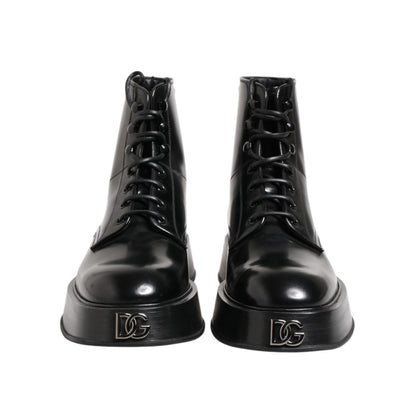 Dolce & Gabbana Black Leather Logo Ankle Boots Lace Up Shoes