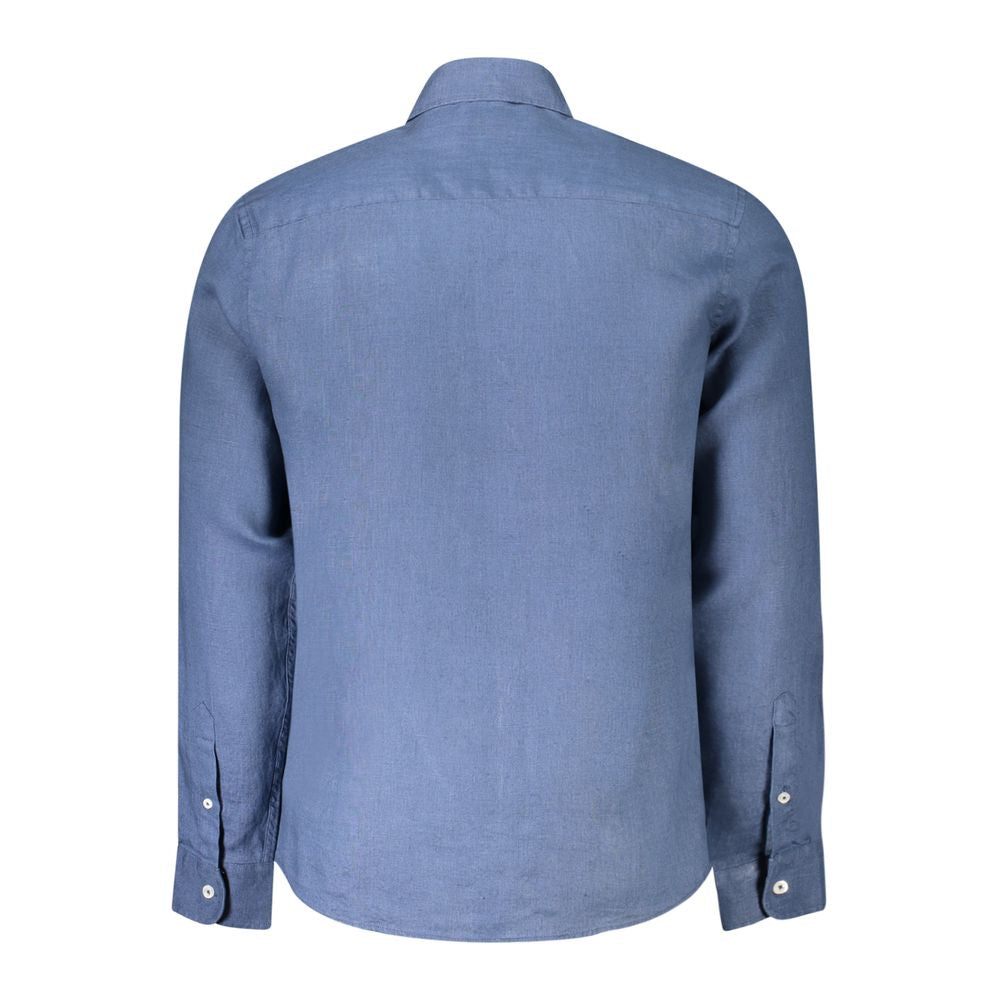 Rear view of North Sails Blue Linen Shirt with Italian collar, long sleeves, 1 button cuffs, and logo embroidery.