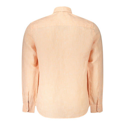 North Sails Pink Linen Shirt with long sleeves, Italian collar, one-button cuffs, and ocean positive design embroidery shown from the back.
