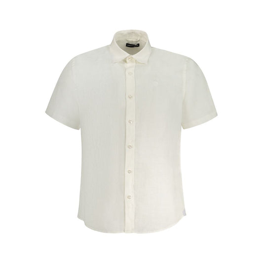 North Sails White Linen Shirt with Italian collar and short sleeves, featuring buttons and logo embroidery, Ocean Positive.