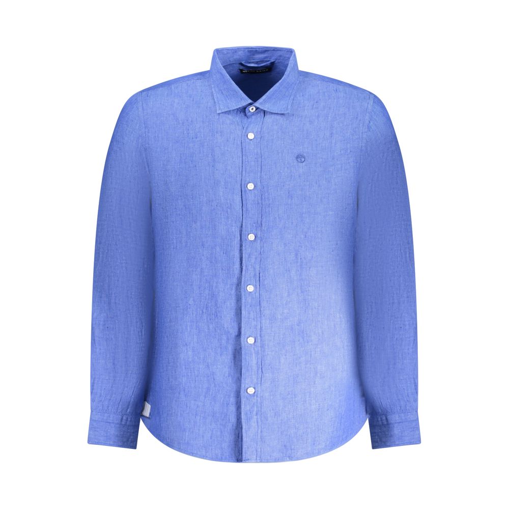 North Sails Blue Linen Shirt with Italian collar and button cuffs, featuring embroidery and logo, ocean positive design.