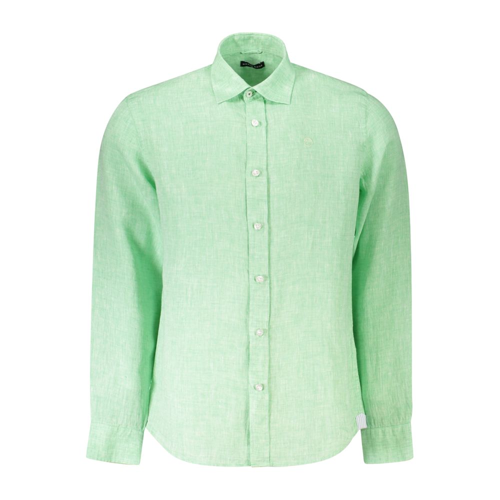 North Sails Green Linen Shirt with Italian collar, long sleeves, button cuffs, logo embroidery, Ocean Positive eco-friendly fabric.