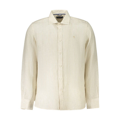 North Sails Beige Linen Shirt with stripes, long sleeves, French collar, 1 button cuffs, embroidered logo, Ocean Positive.