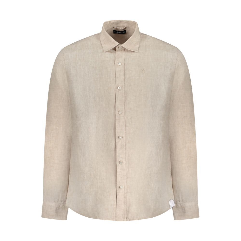 North Sails Beige Linen Shirt with Italian collar, long sleeves, 1 button cuffs, logo embroidery, Ocean Positive design.