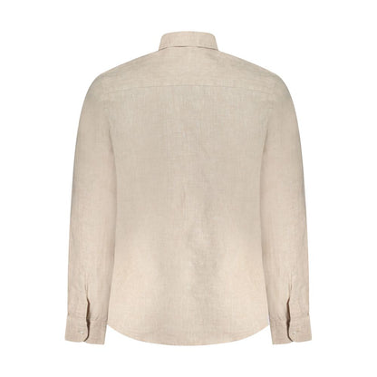 Back view of North Sails Beige Linen Shirt with Italian collar and long sleeves, featuring 1 button cuffs and embroidery.