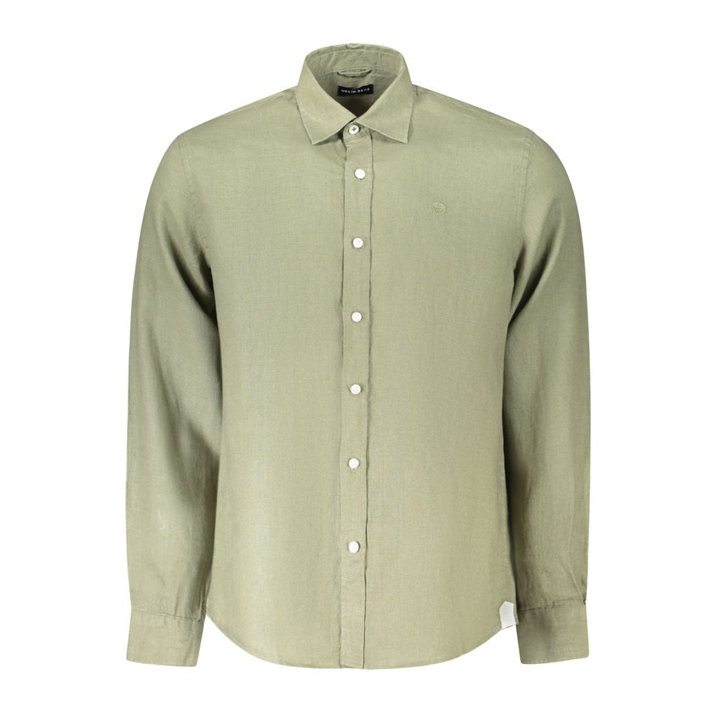 North Sails Green Linen Shirt with long sleeves, Italian collar, and button cuffs, featuring logo embroidery, Ocean Positive.
