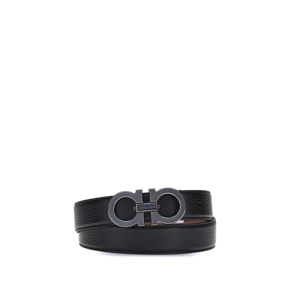 Alt Tag: Ferragamo Black Calf Leather Bos Taurus Regular Belt with Gancini buckle, reversible, elegant knurling, adjustability for a tailored fit.