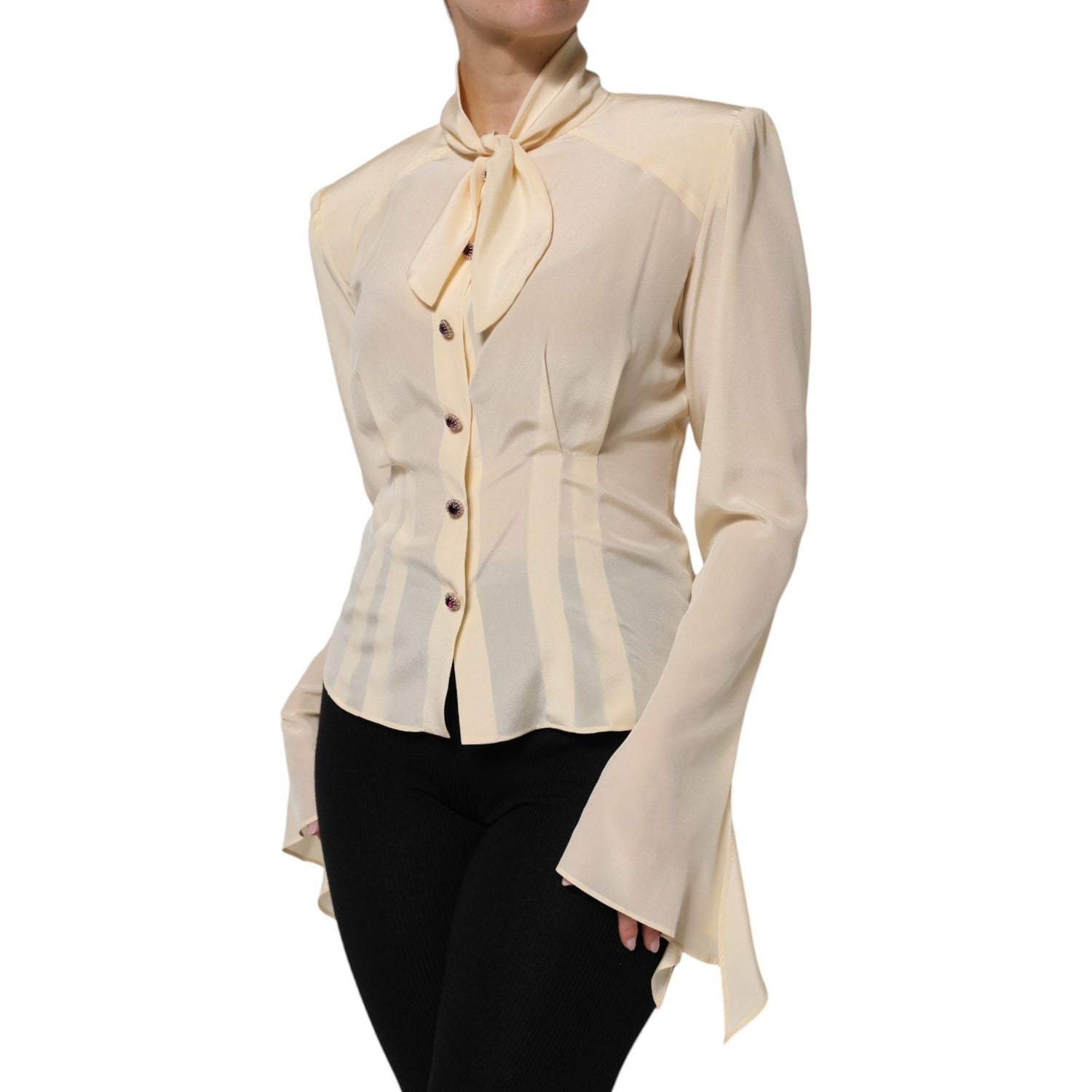 Dolce & Gabbana Light Yellow Silk Ascot Collared Blouse Top