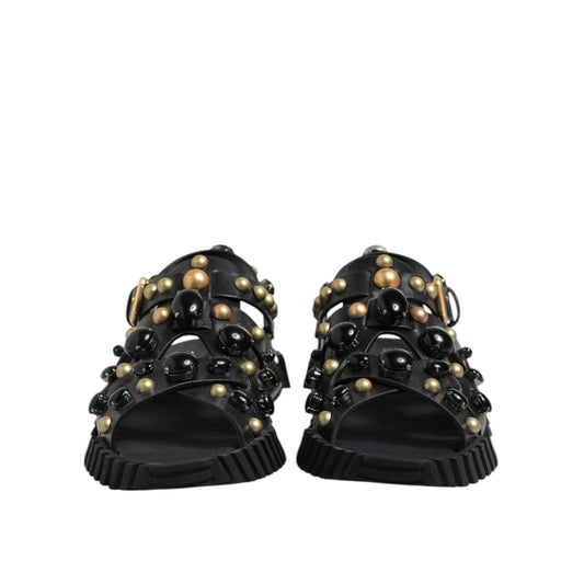 Dolce & Gabbana Black Leather Studded Ankle Strap Sandals Shoes