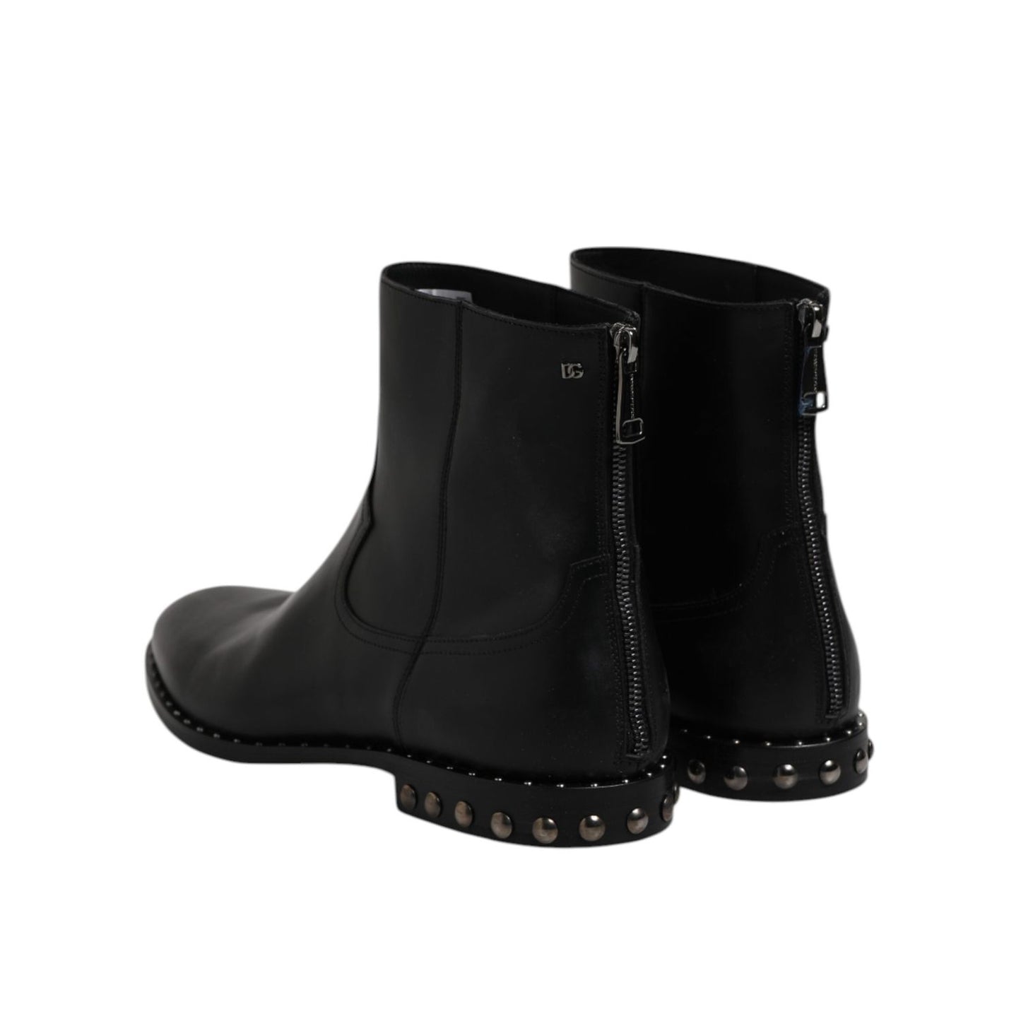 Dolce & Gabbana Black Leather Logo Ankle Boots Studded Shoes