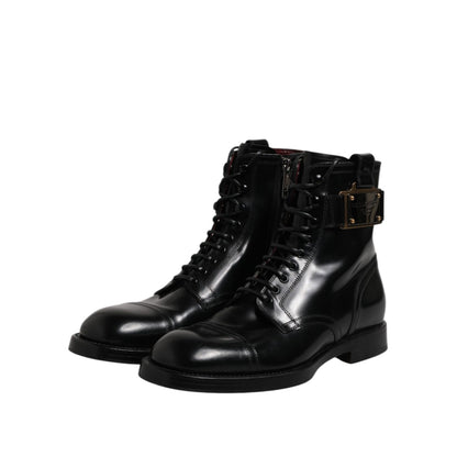 Dolce & Gabbana Black Leather Mid Calf Boots Lace Up Shoes