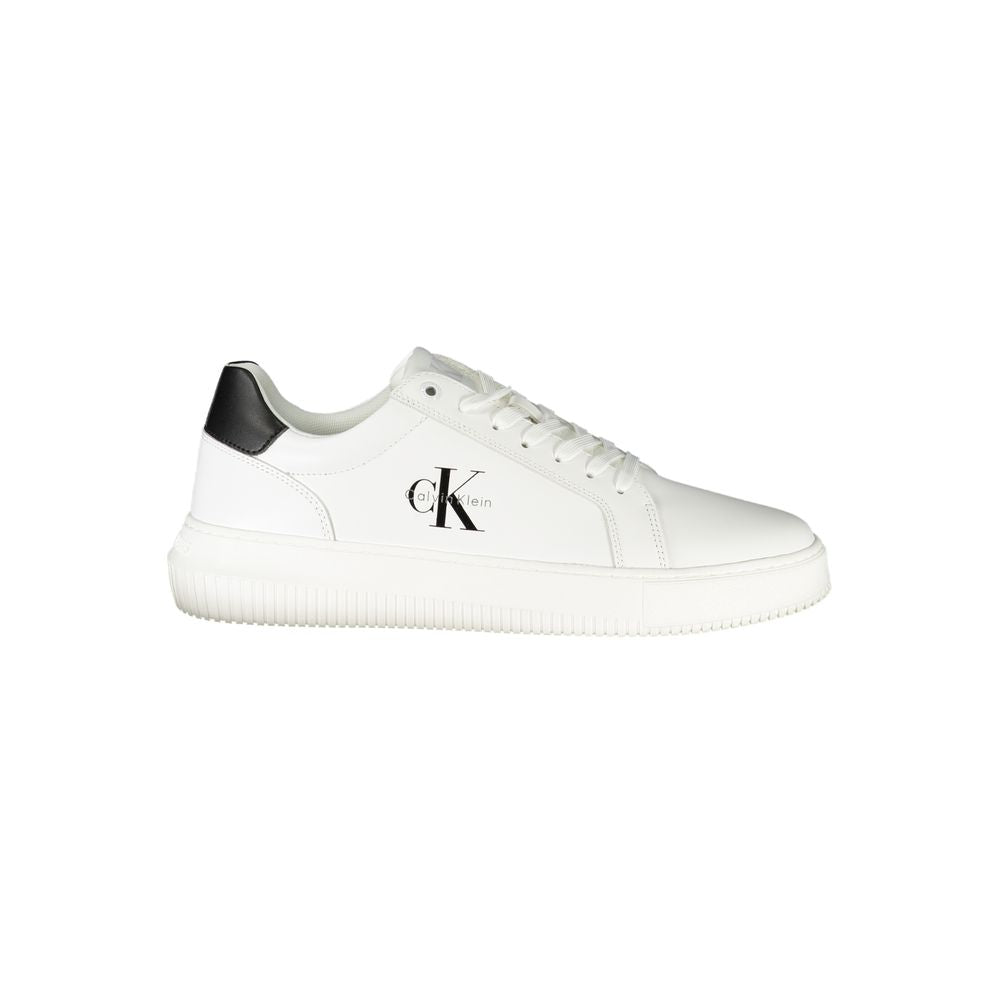 Calvin Klein White Leather Men Sneaker with black accents and logo, featuring a lace-up design for a modern street style look.