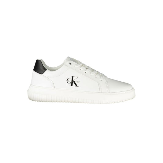 Calvin Klein White Leather Men Sneaker with black accents and logo, featuring a lace-up design for a modern street style look.