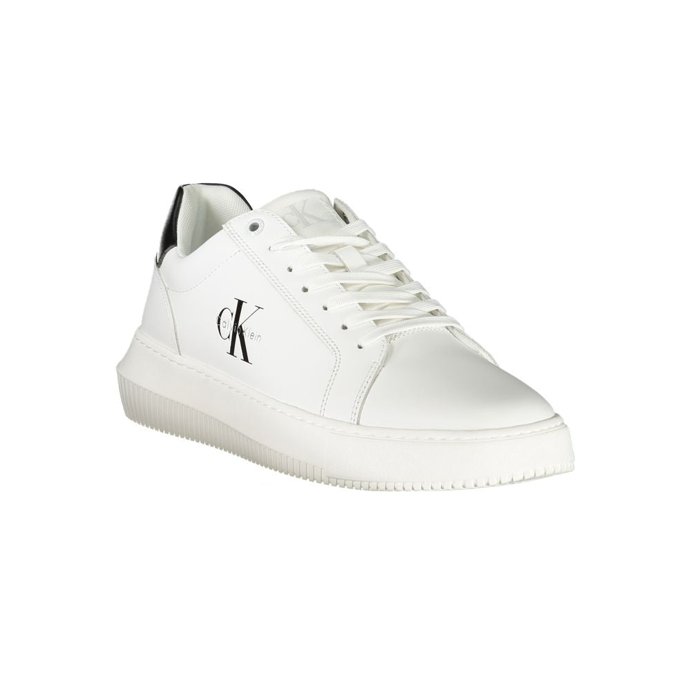 Classic Calvin Klein White Leather Men Sneaker with black accents and bold logo, perfect for modern street style fashion.