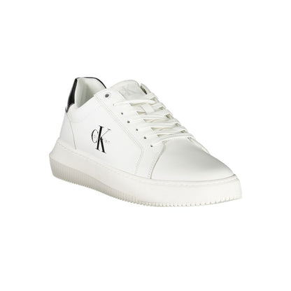Classic Calvin Klein White Leather Men Sneaker with black accents and bold logo, perfect for modern street style fashion.